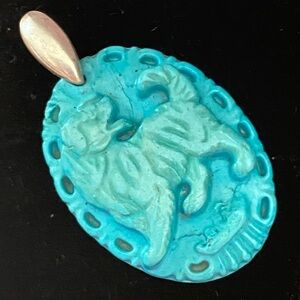 Carved Dog or Lion Turquoise Pendant w/ Sterling Silver Bail – 4 cm – Necklace